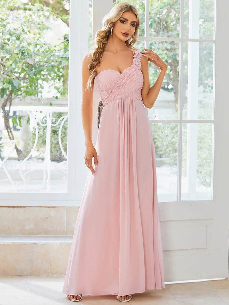 Maxi One-Shoulder Chiffon Bridesmaid Dress – Elegant Floor-Length Gown - Biamonde
